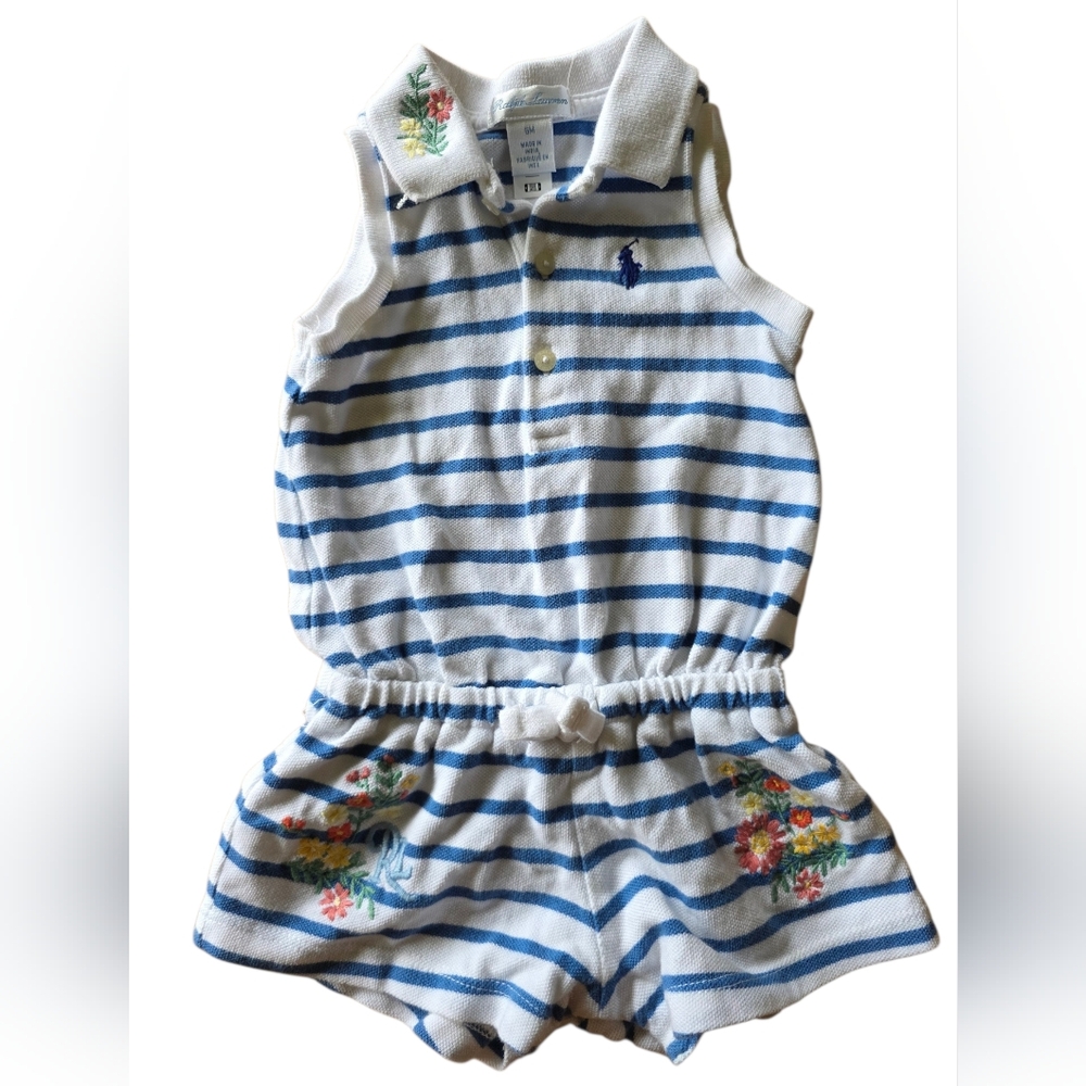 Ralph Lauren Baby Striped Romper 6M Blue White Polo One Piece Outfit Nautical